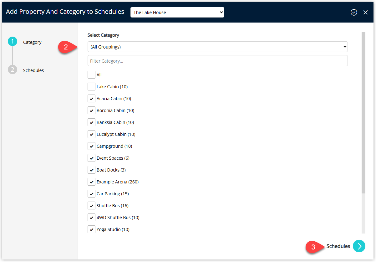 Annotated screenshot of the Add Property And Category to Schedules dialog in RMS with the category selection and the Schedules navigation arrow highlighted