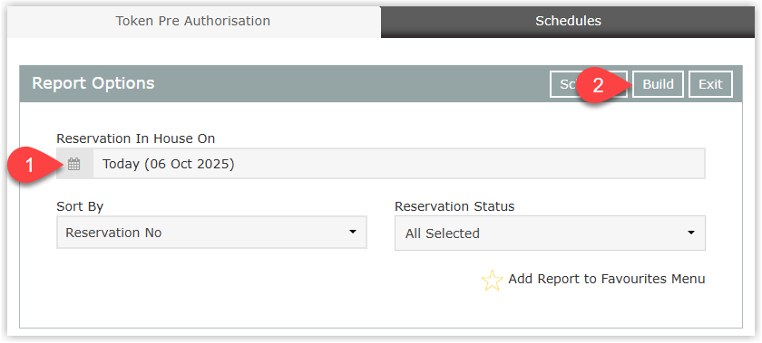 Screenshot of the Token Pre Authorisation report options panel in RMS showing the Reservation In House On, Sort By and Reservation Status fields with the Build button