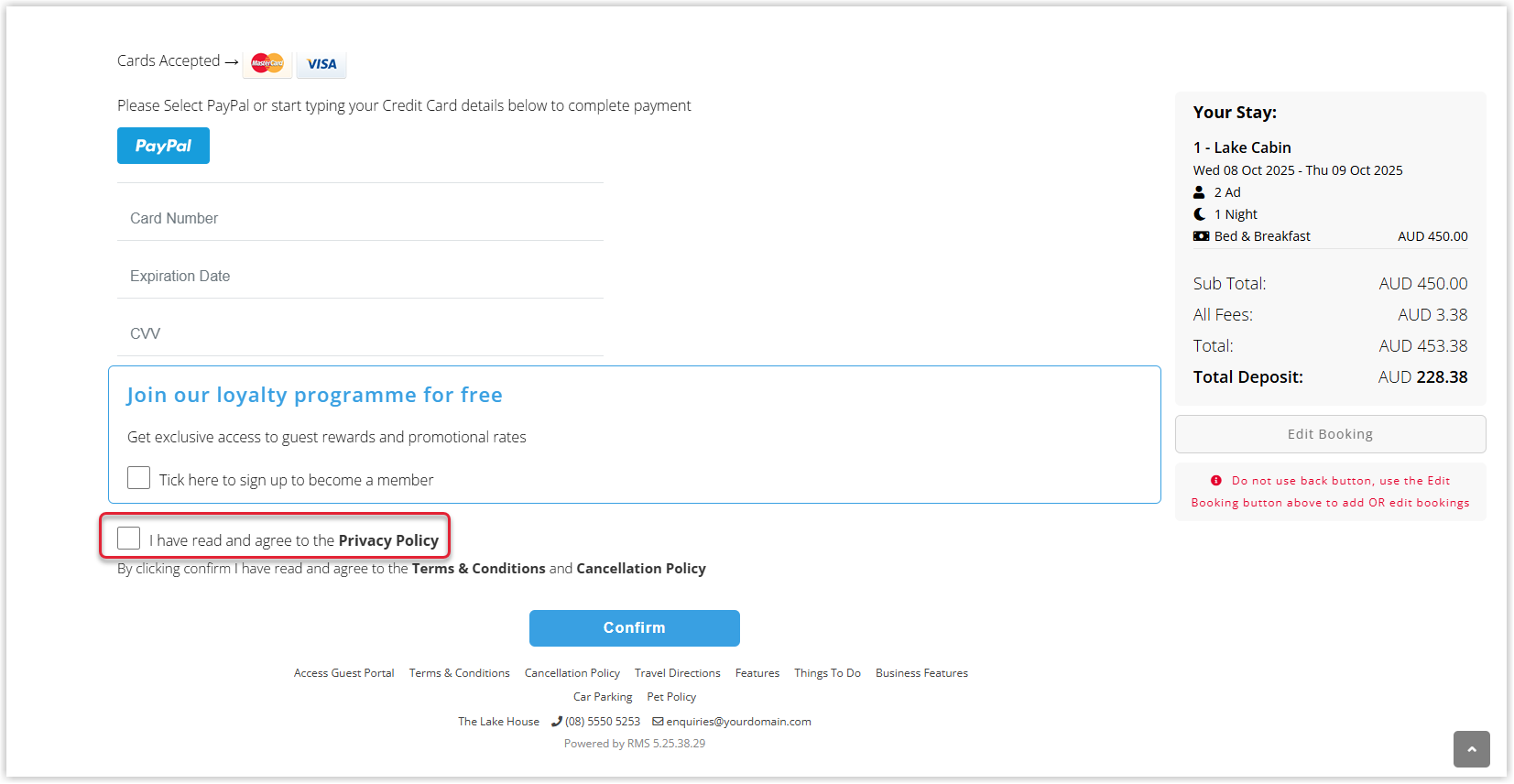 Annotated screenshot of the RMS Booking Engine payment page with the Privacy Policy agreement checkbox highlighted