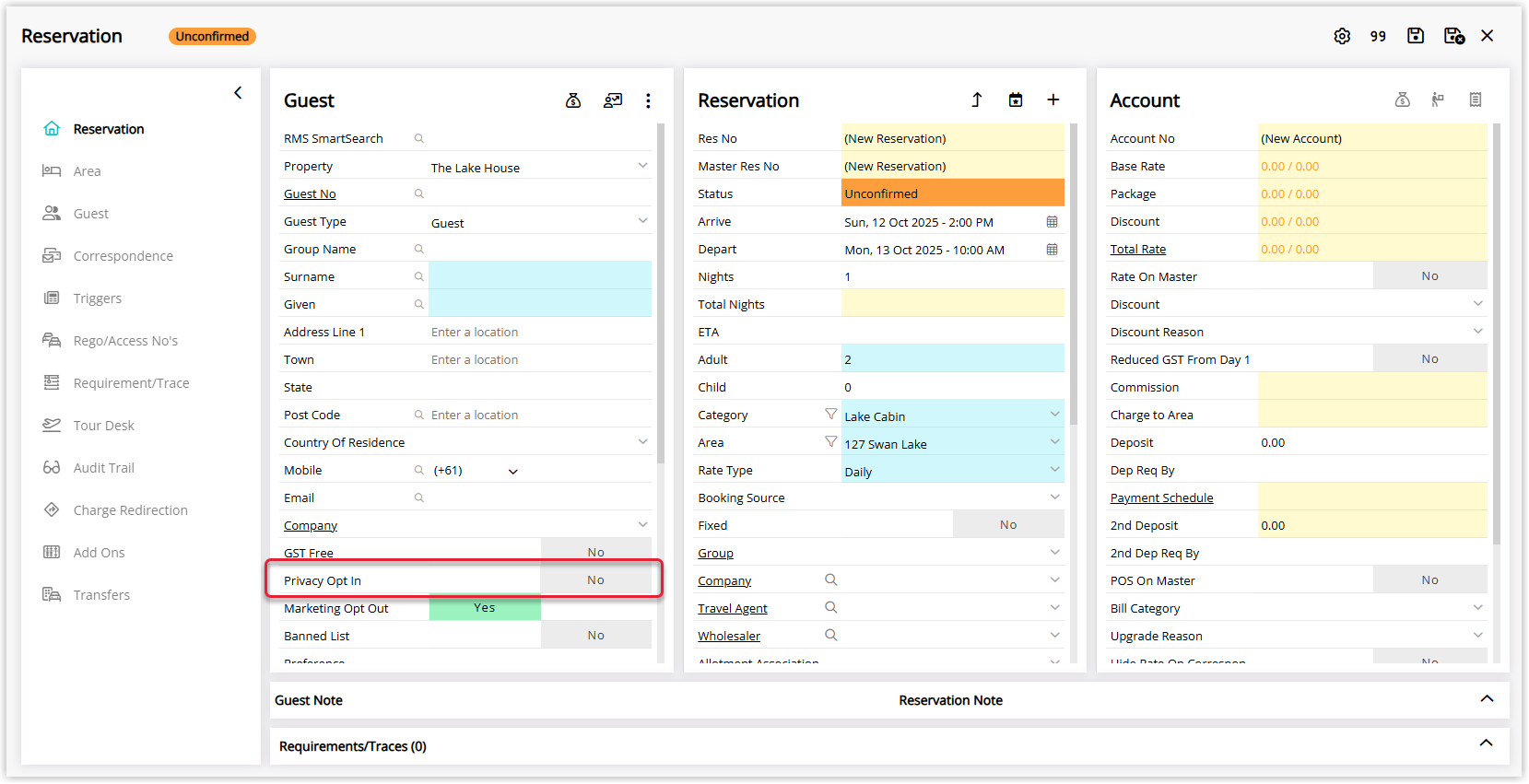 Annotated screenshot of a reservation in RMS with the Privacy Opt In field highlighted in the Guest panel