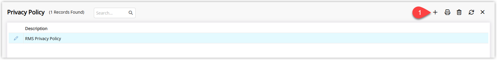 Privacy Policy lookup table screen in RMS showing a list of existing privacy policies with an Add button to create a new policy
