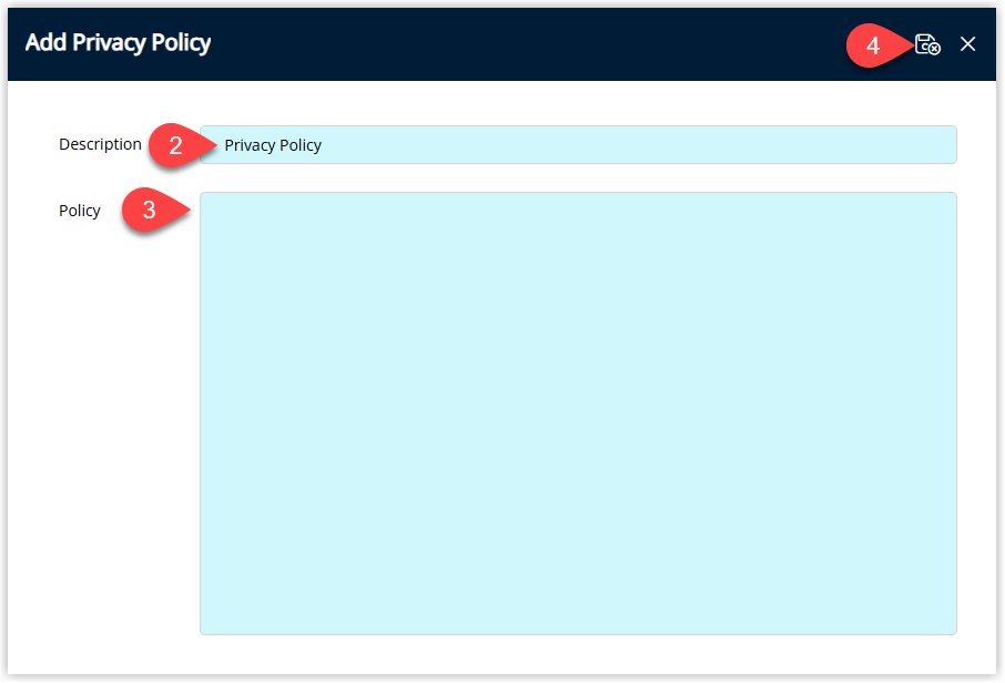 Privacy Policy detail screen with fields for Description and a large text area for Policy Content, plus a Save/Exit button to store the privacy policy