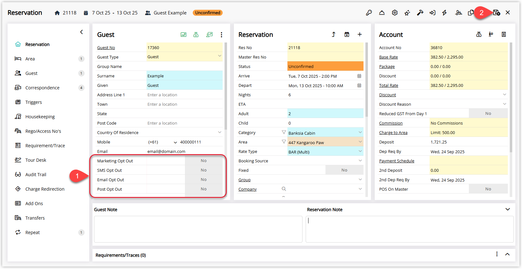 RMS Guest Profile screen showing Marketing Opt Out, Email Opt Out, Post Opt Out, and SMS Opt Out toggle fields with updated preferences before selecting Save/Exit.