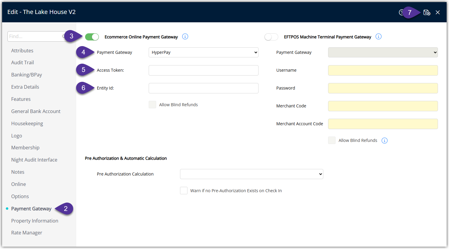 Edit Property screen in RMS with the Payment Gateway tab selected, showing the Ecommerce toggle enabled, ‘HyperPay’ chosen as the Payment Gateway, and fields for Access Token and Entity Id completed, with a Save/Exit button to store the HyperPay setup.
