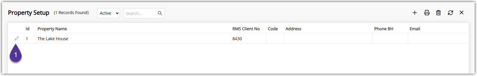Property Information list in RMS showing existing properties with an Edit icon beside each, and one property’s Edit icon highlighted to open its settings for HyperPay configuration.