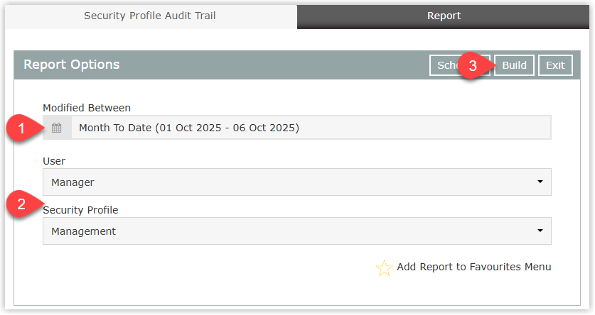Security Profile Audit Trail report criteria screen in RMS showing fields for Date Range and filters for User and Security Profile, with a Build button to generate the report and a star icon to mark the report as a favourite