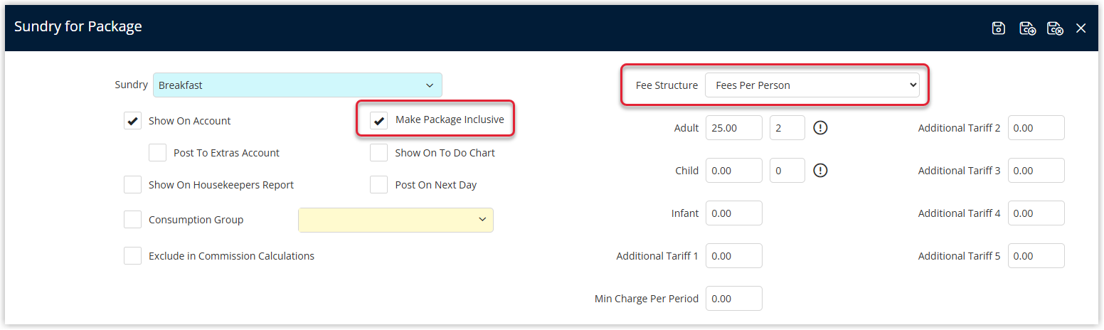 Annotated screenshot of the Sundry for Package window in RMS with the Make Package Inclusive option and the Fee Structure dropdown highlighted