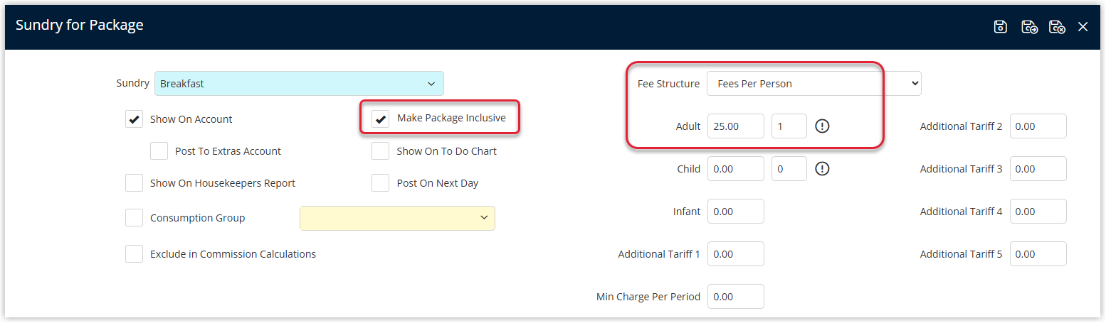 Annotated screenshot of the Sundry for Package window in RMS with the Make Package Inclusive option and the Fees Per Person tariff highlighted
