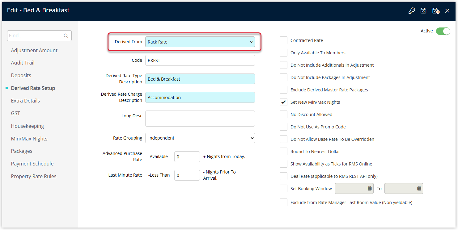 Annotated screenshot of the Derived Rate Setup screen in RMS with the Derived From field highlighted