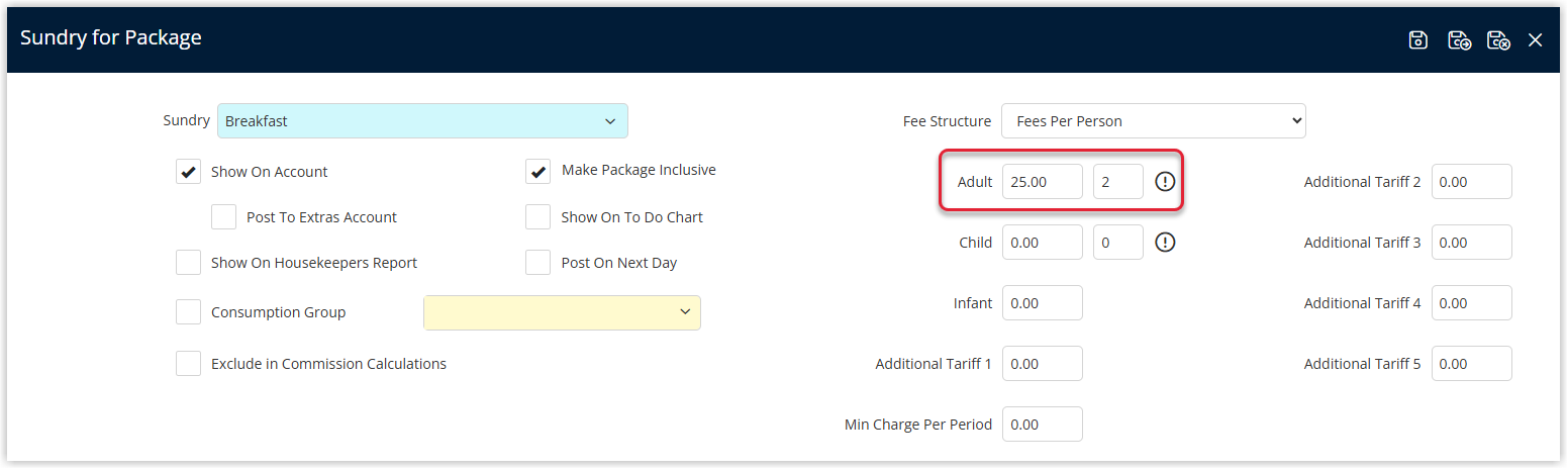 Annotated screenshot of the Sundry for Package window in RMS with the per-person Adult tariff row highlighted