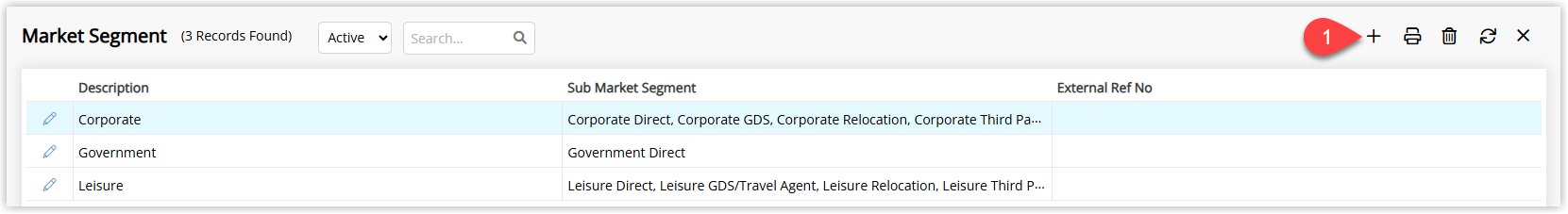 Annotated screenshot of the Market Segment screen in RMS highlighting the add market segment icon