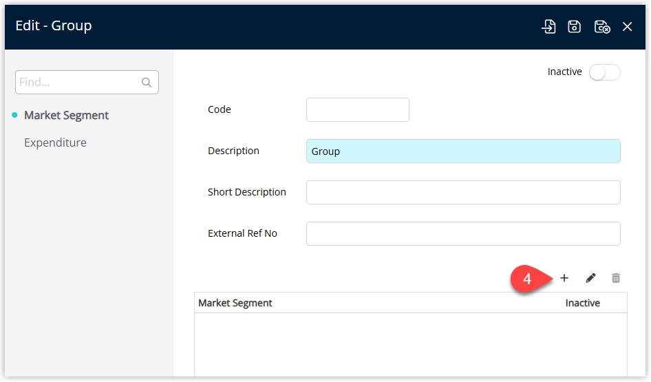 Annotated screenshot of the Edit Market Segment screen in RMS highlighting the add sub market segment icon