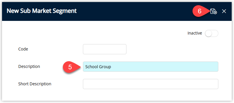 Annotated screenshot of the New Sub Market Segment window in RMS highlighting the Description field and the save icon