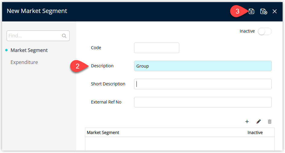 Annotated screenshot of the New Market Segment screen in RMS highlighting the Description field and the save icon