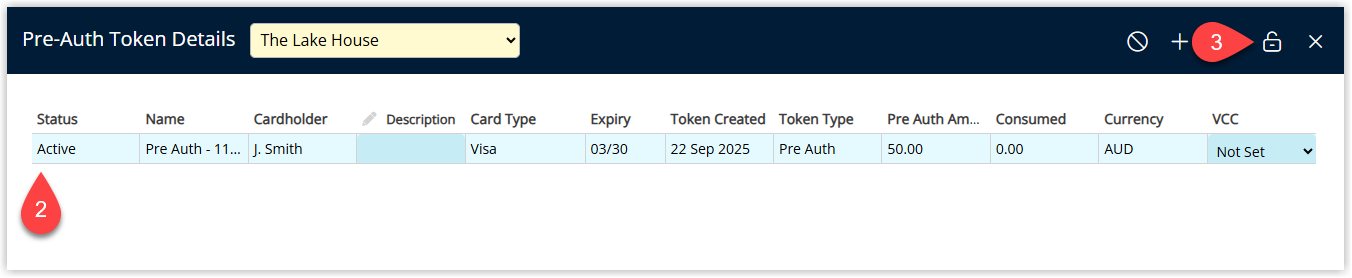 Screenshot of the Pre-Authorisation Details window in RMS showing the card details, pre-authorised amount and options to release or capture the pre-authorisation.