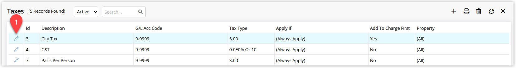 Taxes setup screen in RMS showing a list of existing taxes with an Edit icon next to each tax to open its details
