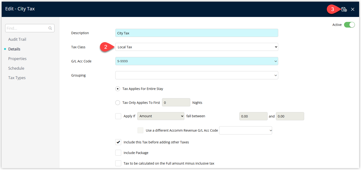 Tax detail screen displaying fields for the tax setup including a Tax Class dropdown with options such as Standard, Service Charge and Local Tax, and a Save/Exit button
