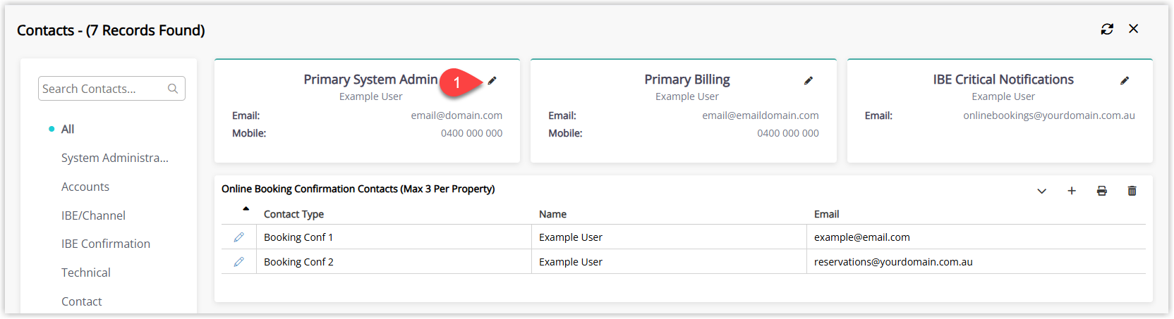Property Contacts screen in RMS showing a list of contact roles including Primary System Administrator with an Edit icon to modify the assigned user