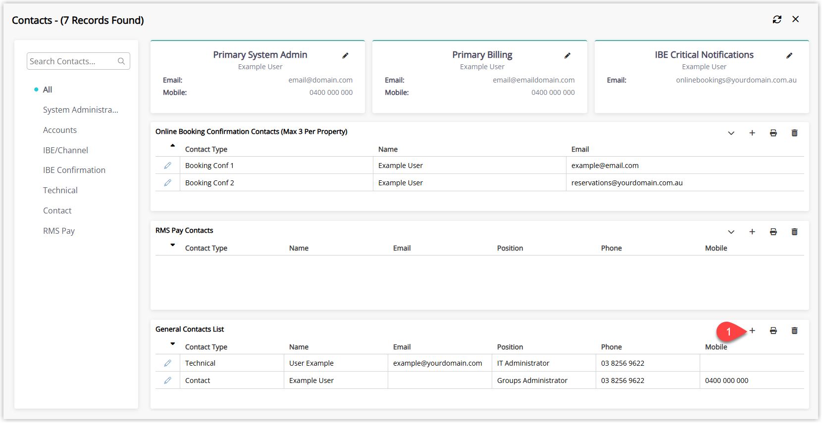 Property Contacts screen showing a General Contacts section with an Add button to create a new contact entry