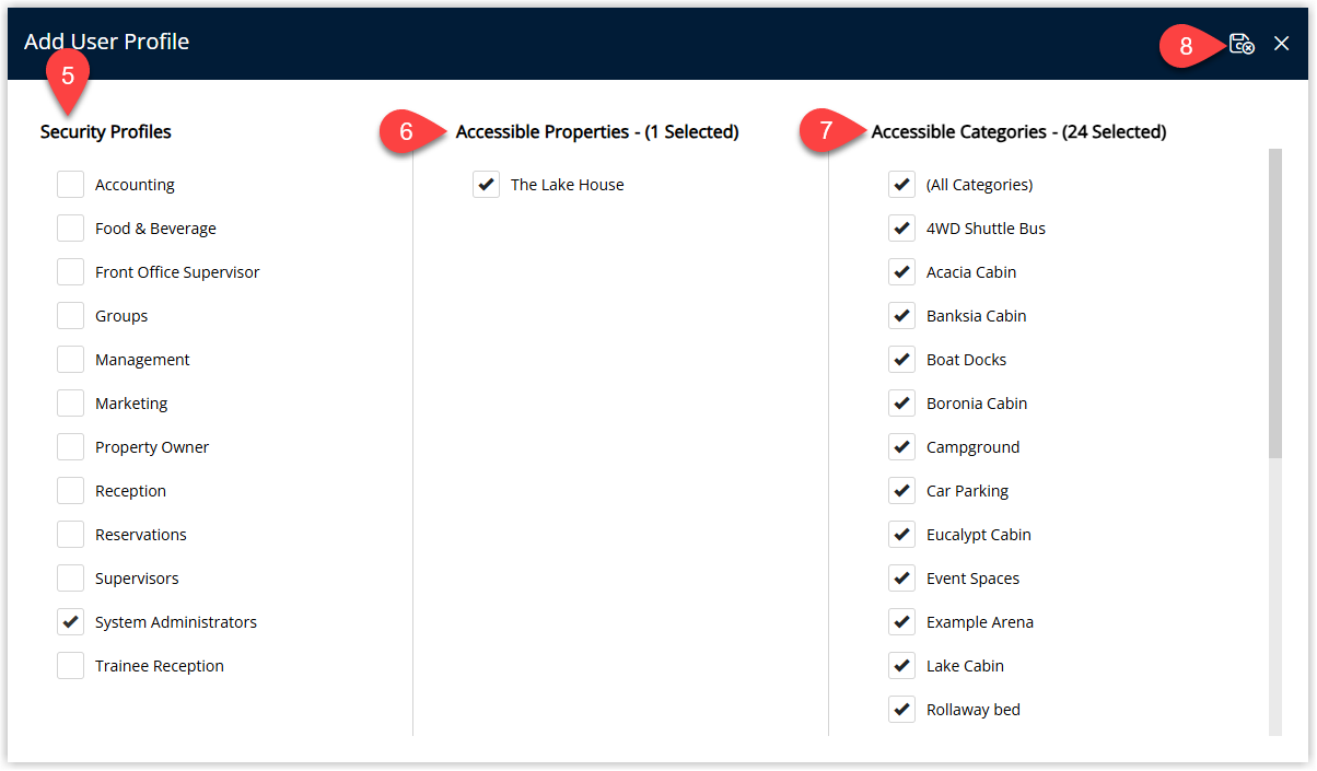 User profile configuration window displaying fields to select a Security Profile, a Property dropdown and a Categories list (with All Categories recommended), along with a Save/Exit button