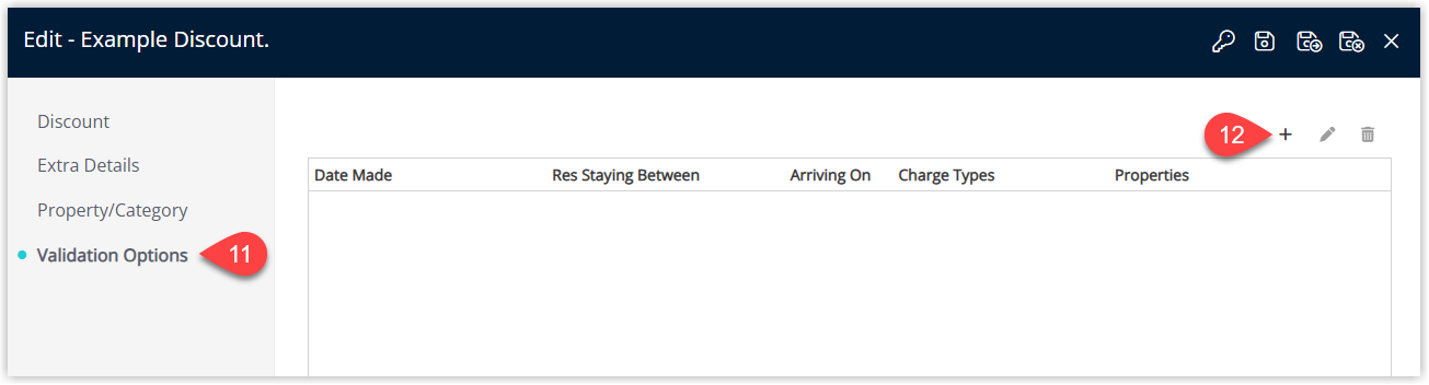Validation Options tab of the discount setup displaying an empty validation list with the Add button highlighted to create a new validation rule.