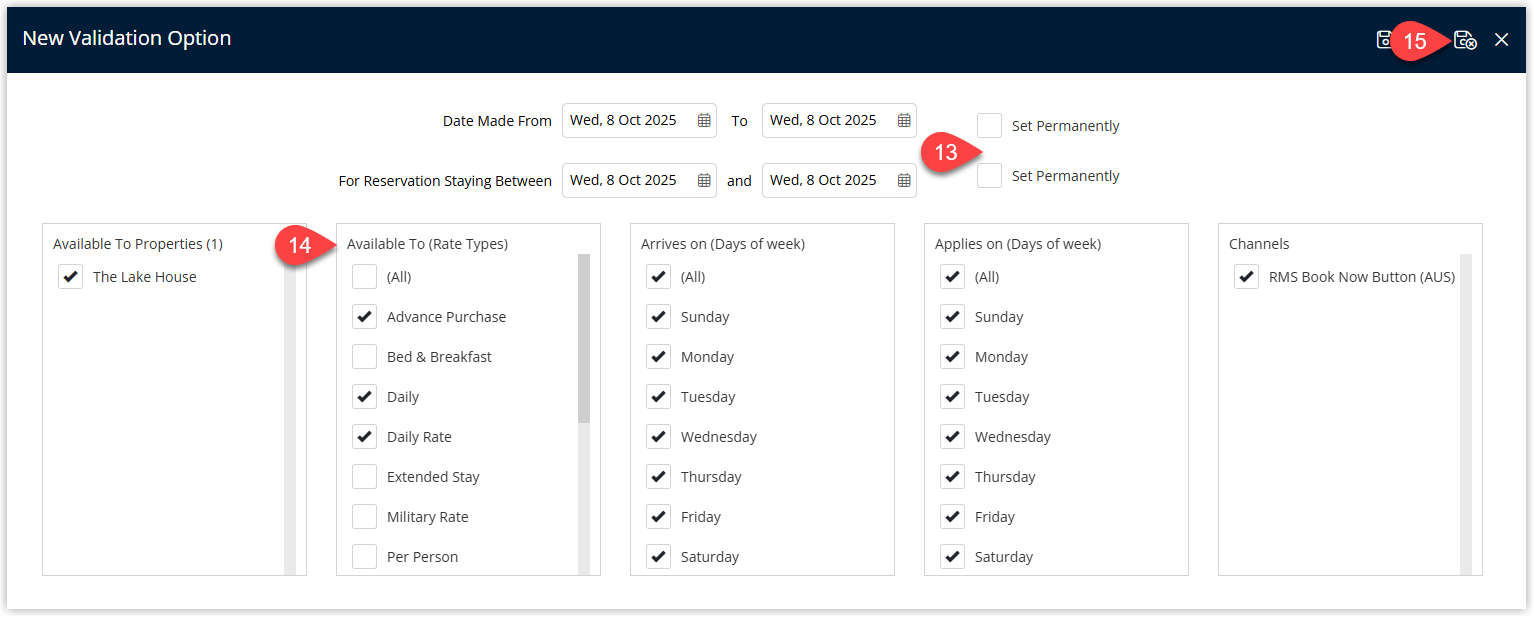 Discount Validation Options window showing Set Permanently ticked for both date options, a list of selected Rate Types to which the membership discount applies, and the Save Exit button highlighted.