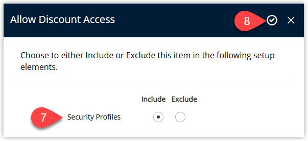 Discount Access window in RMS displaying access options for the new discount and the Proceed button to continue to Property and Category selection.
