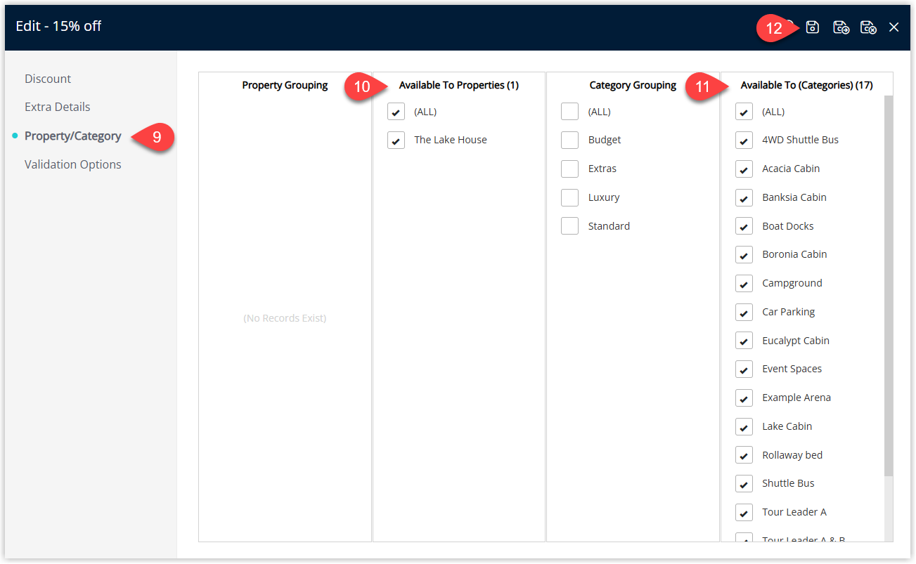 Property/Category tab for the discount in RMS showing the selected Property and Categories the discount applies to, with Save and Save/Exit options.