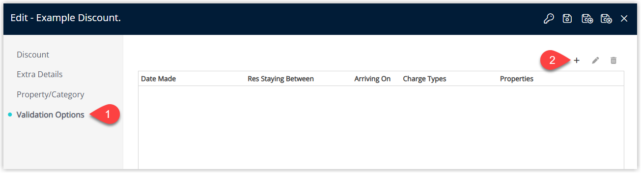 Validation Options tab in RMS for a discount, showing the Add button used to create a new date and availability rule.