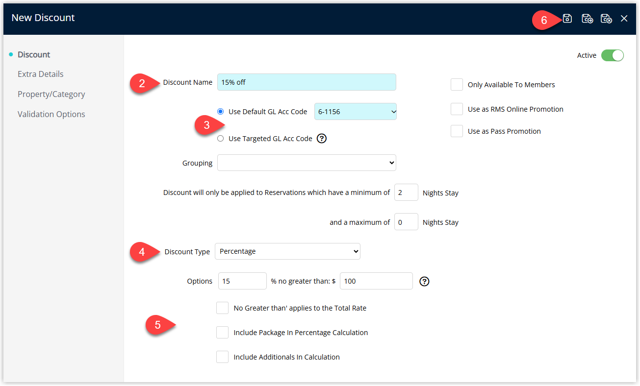 Discount setup screen in RMS showing the Discount Name, General Ledger Account or Use Targeted GL Acc Code, selected Discount Type, discount options, and the Save button to create the discount.
