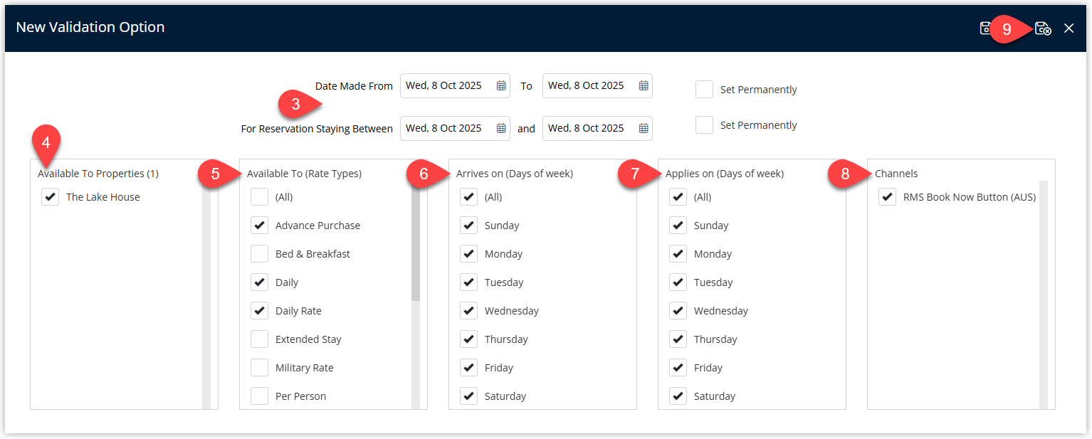 Discount Validation Options editor in RMS with date range or Set Permanently selected, Property, Rate Types, arrival days, days discount applies, and valid Channels configured, and the Save/Exit button to save the validation rule.