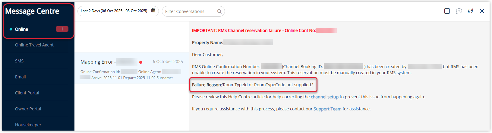Annotated screenshot of the Message Centre in RMS showing a channel reservation failure message with the Failure Reason RoomTypeId or RoomTypeCode not supplied highlighted