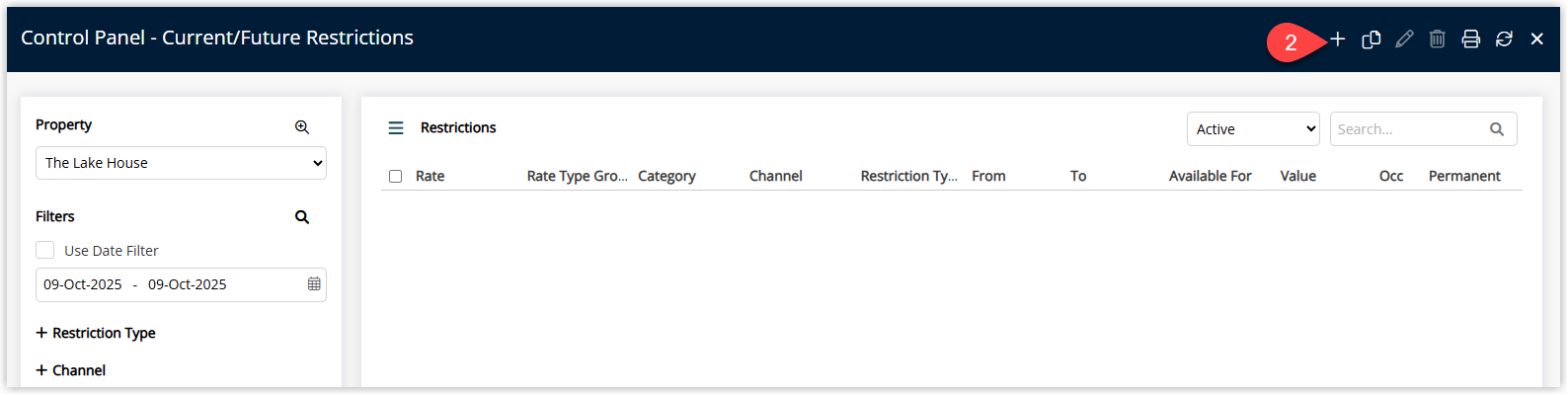 Annotated screenshot of the Control Panel Current/Future Restrictions screen in RMS highlighting the add restriction icon