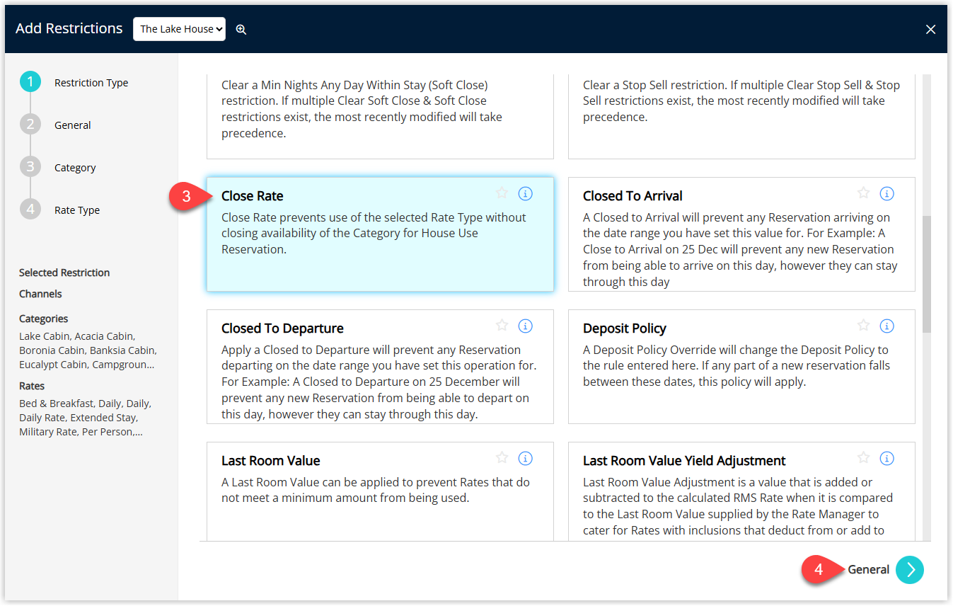 Annotated screenshot of the Add Restrictions screen in RMS highlighting the Close Rate restriction type