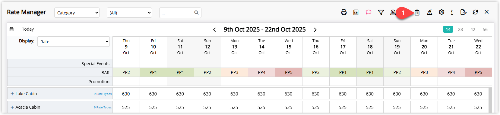 Annotated screenshot of the Rate Manager screen in RMS highlighting the icon that opens the Current/Future Restrictions control panel