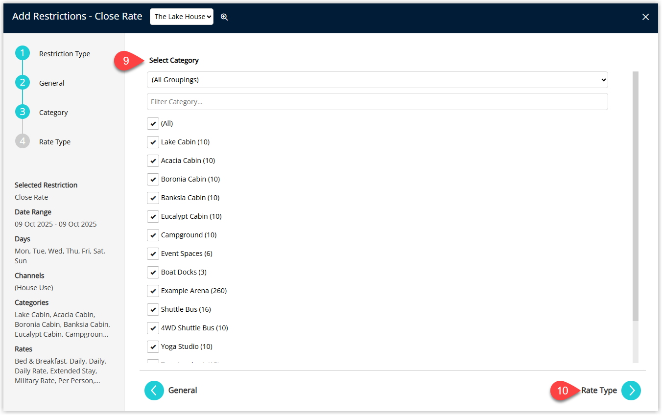 Annotated screenshot of the Add Restrictions Close Rate Category screen in RMS highlighting the category selection and the Rate Type button