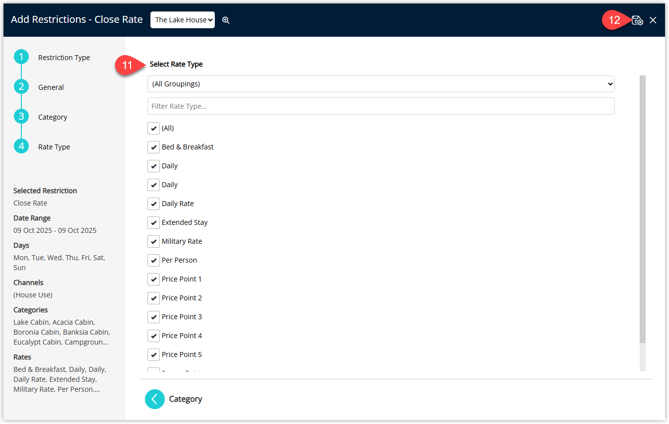 Annotated screenshot of the Add Restrictions Close Rate Rate Type screen in RMS highlighting the rate type selection and the save icon