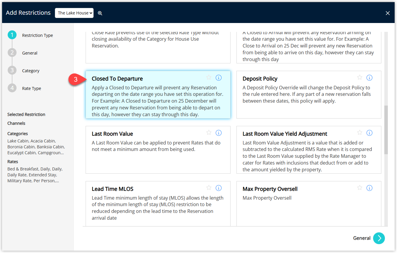 Annotated screenshot of the Add Restrictions screen in RMS with the Closed To Departure restriction type highlighted