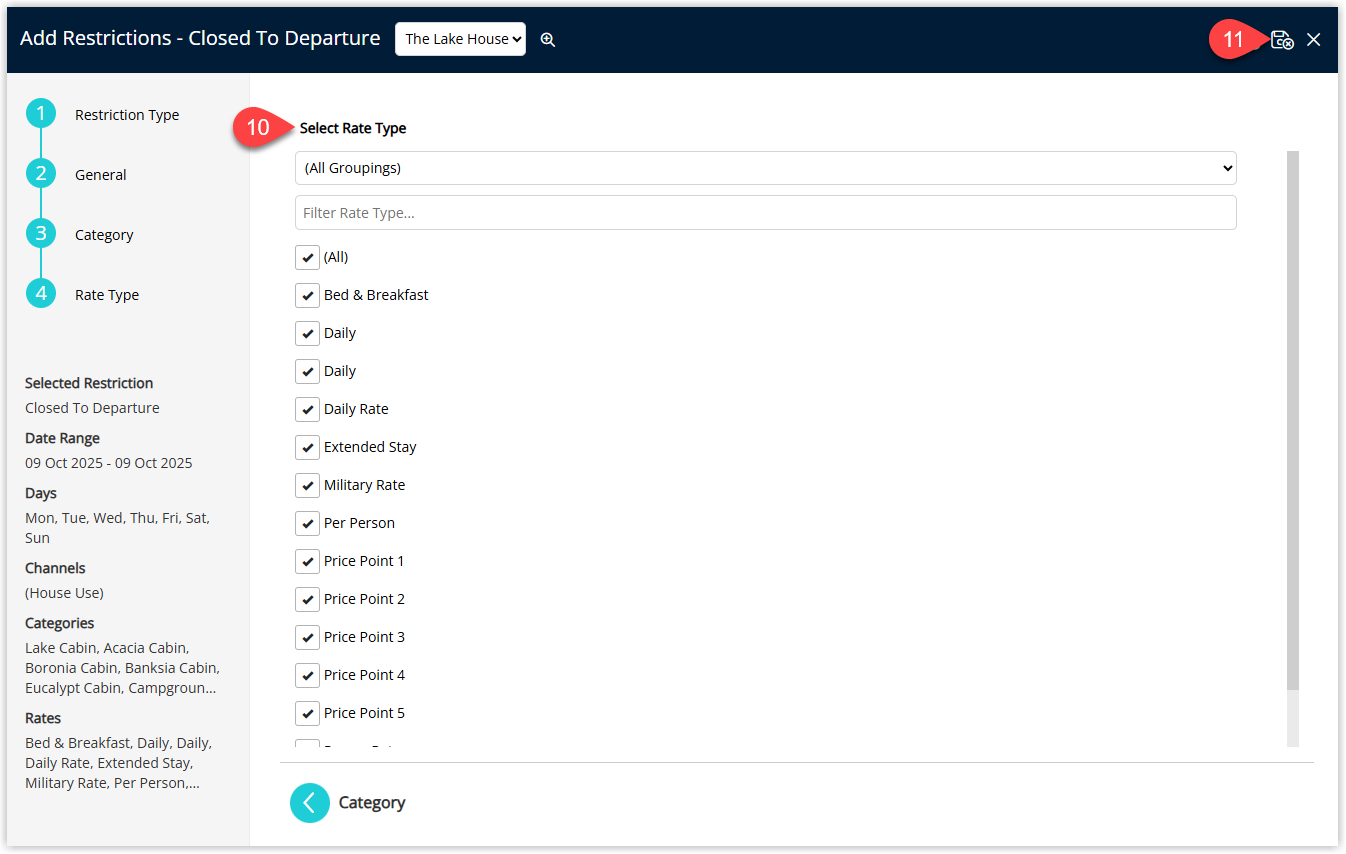 Annotated screenshot of the Add Restrictions Closed To Departure wizard in RMS on the Rate Type step with the rate type selection list and the Save icon highlighted