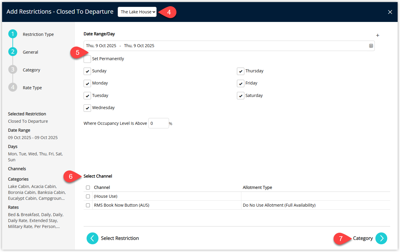 Annotated screenshot of the Add Restrictions Closed To Departure wizard in RMS on the General step with the property selector, Set Permanently option, Select Channel list, and next button highlighted