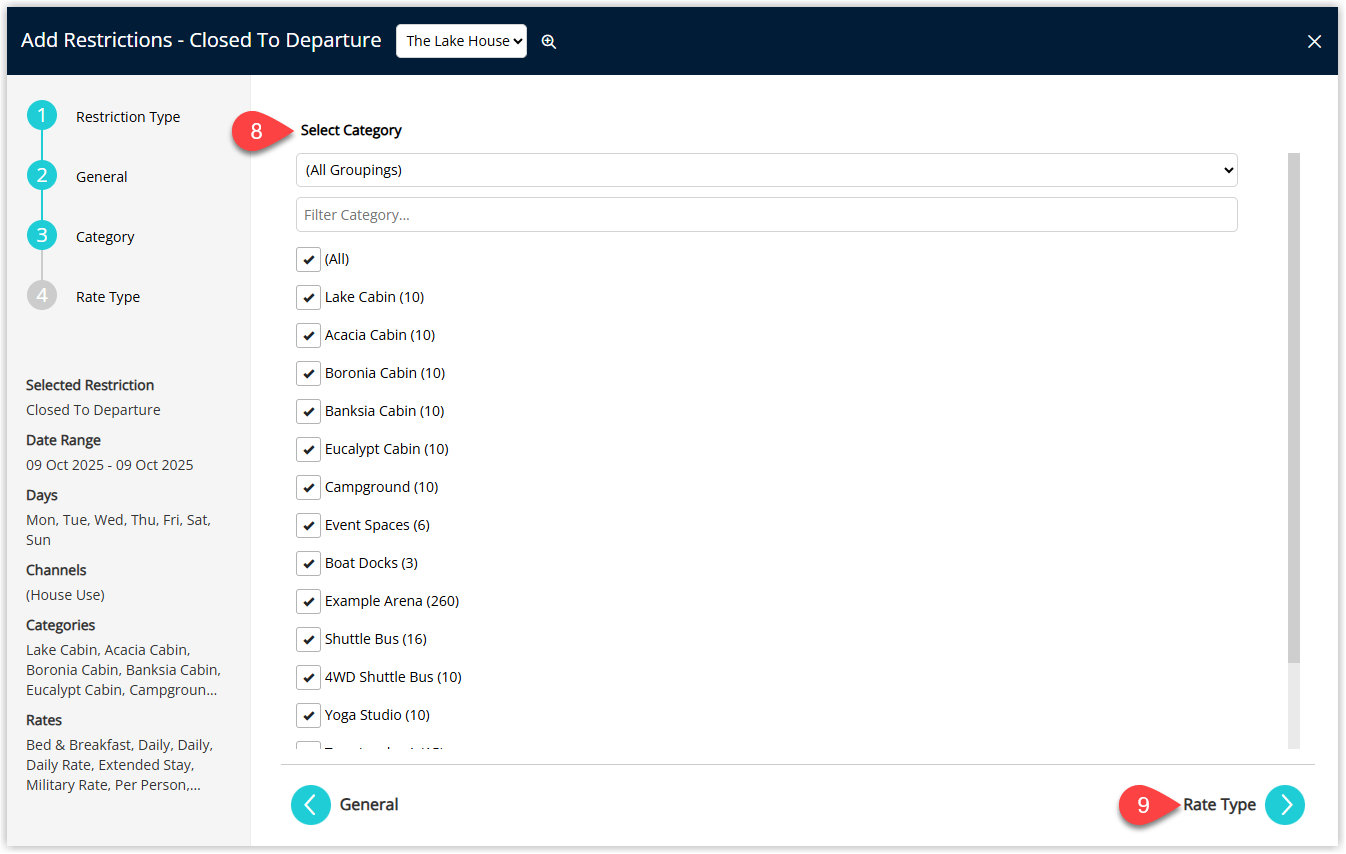 Annotated screenshot of the Add Restrictions Closed To Departure wizard in RMS on the Category step with the category selection list and next button highlighted