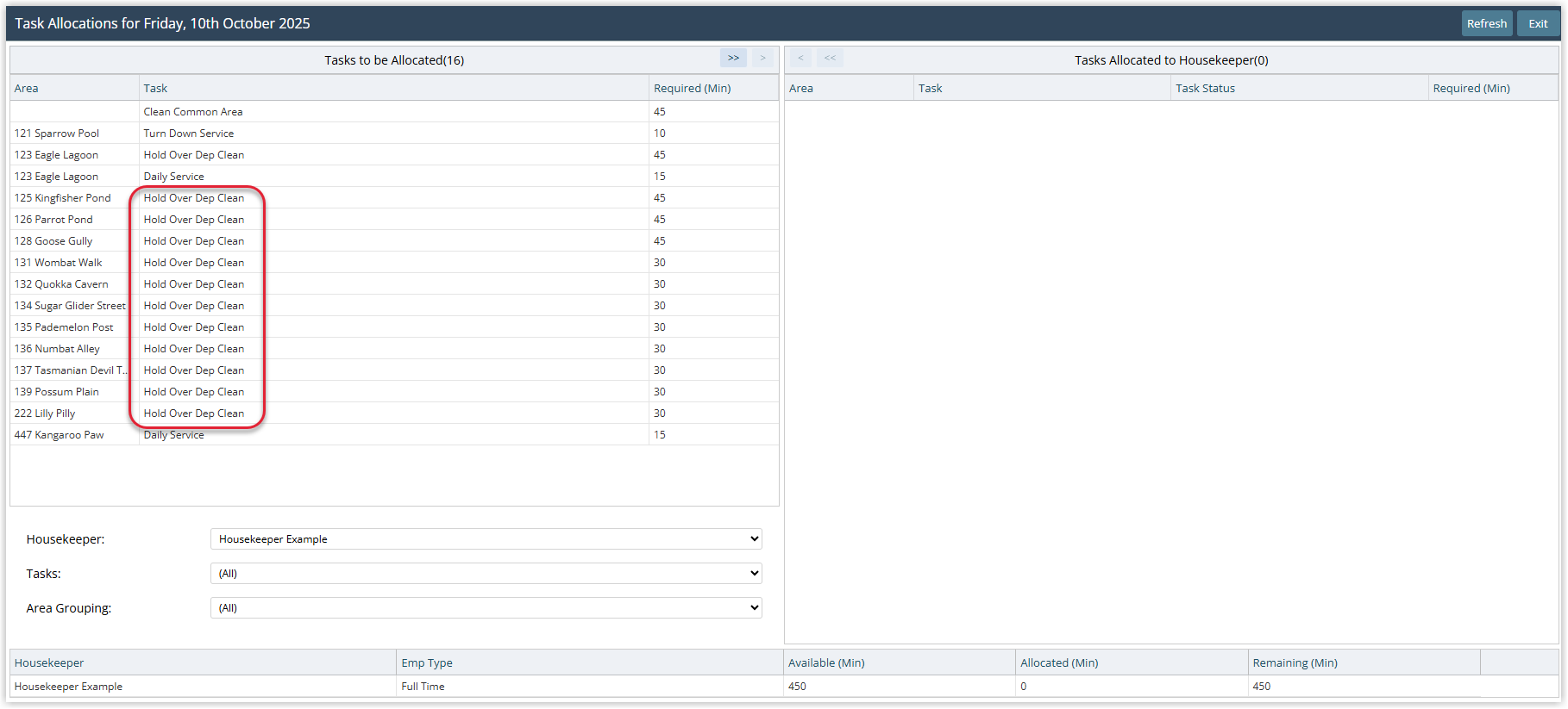 Annotated screenshot of the Task Allocations screen in RMS with the Hold Over Dep Clean tasks highlighted in the task list