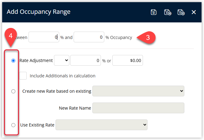 Screenshot of the Dynamic Pricing by Occupancy settings on a Rate Table in RMS, showing the Occupancy (speedometer) tab selected, an occupancy range entered, and options to choose the adjustment type: Rate Adjustment with amount and Include Additionals in calculation, Create New Rate Based on Existing with a new rate table name, or Use Existing Rate.