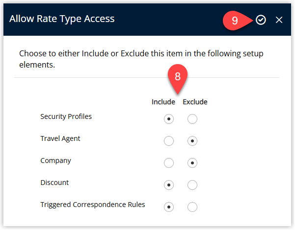 Rate Type Access window in RMS showing selectable access options (such as Security Profiles, Companies, Travel Agents or Discounts) for the new Last Minute rate type, with the Apply button highlighted.