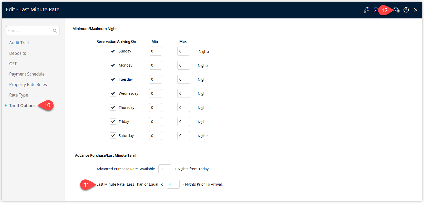 Rate Type editor in RMS on the Rate Options tab showing the Last Minute Rate – Less Than or Equal To: Nights Prior to Arrival field populated with the desired lead-time value, and the Save/Exit button to apply the Last Minute configuration.