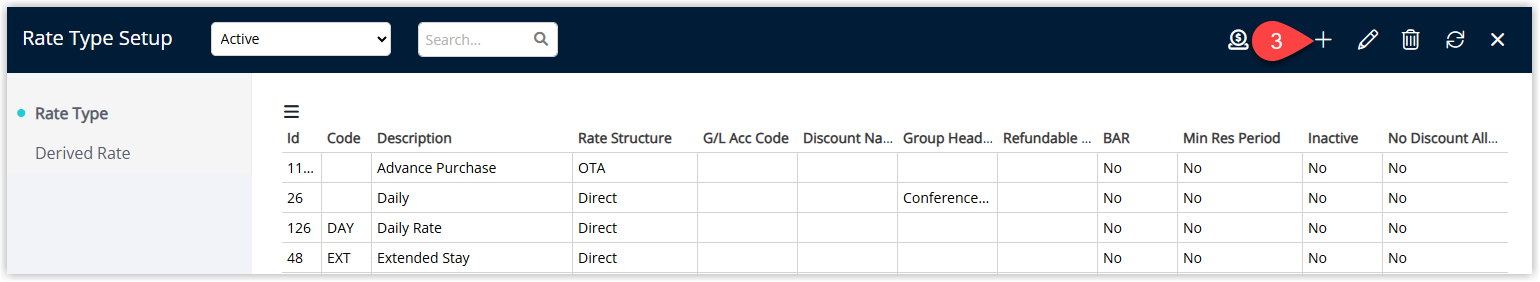 Rate Types list in RMS showing existing rate types and the Add button used to create a new Last Minute rate type.