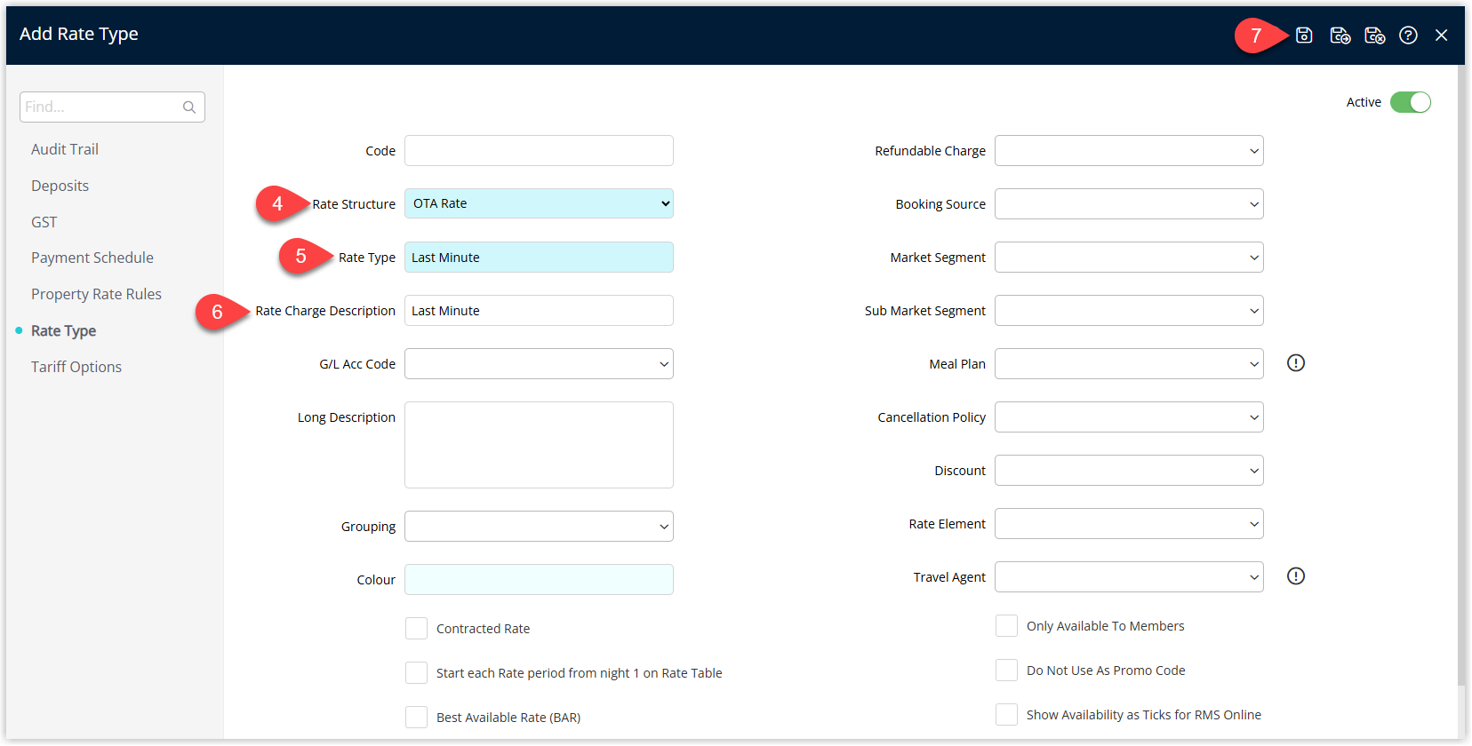 New Rate Type setup screen in RMS with Rate Structure, optional Rate Code, Rate Type Description, Charge Description, optional General Ledger Account Code and Long Description entered, and the Save button clicked (without exiting) to create the Last Minute rate type.