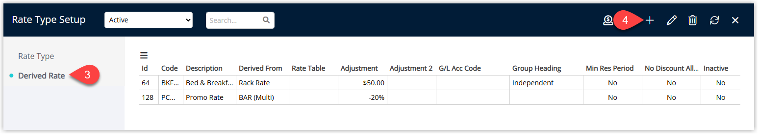 Rate Types window open on the Derived Rate tab displaying an empty derived rate list with the Add button highlighted to create a new derived rate type.