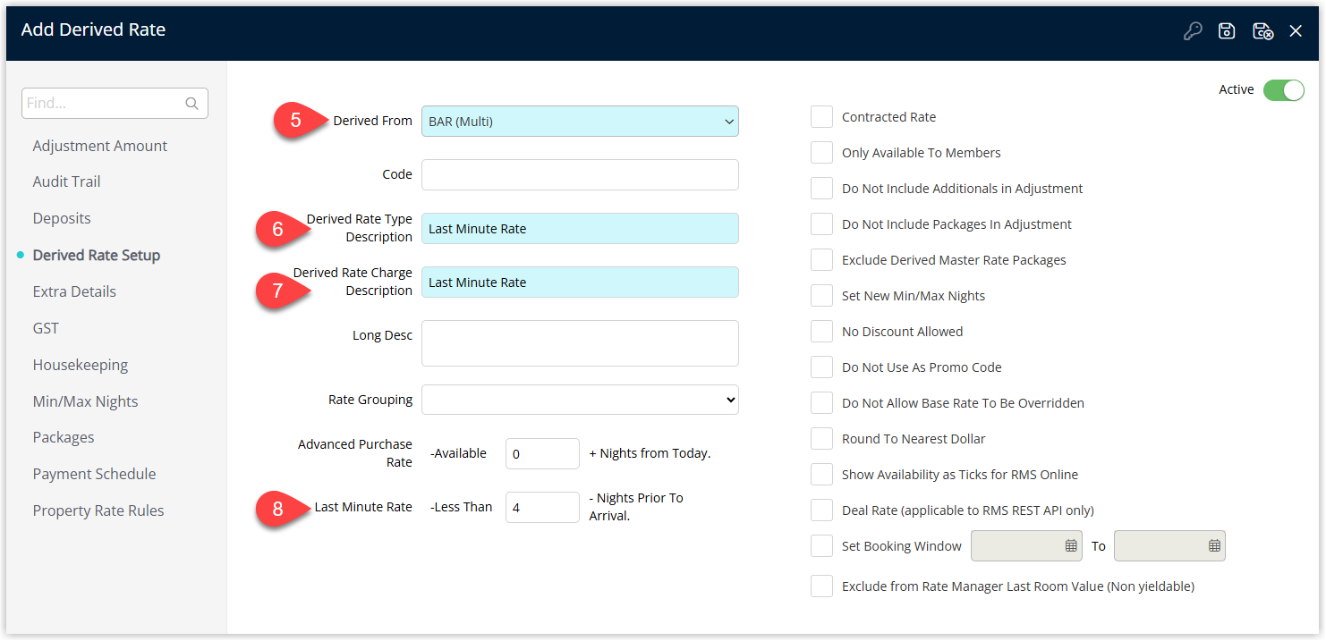 Derived Rate setup screen showing fields for Derived From Code Description Rate Charge Description and a Last Minute lead time setting with checkboxes for additional derived rate options.