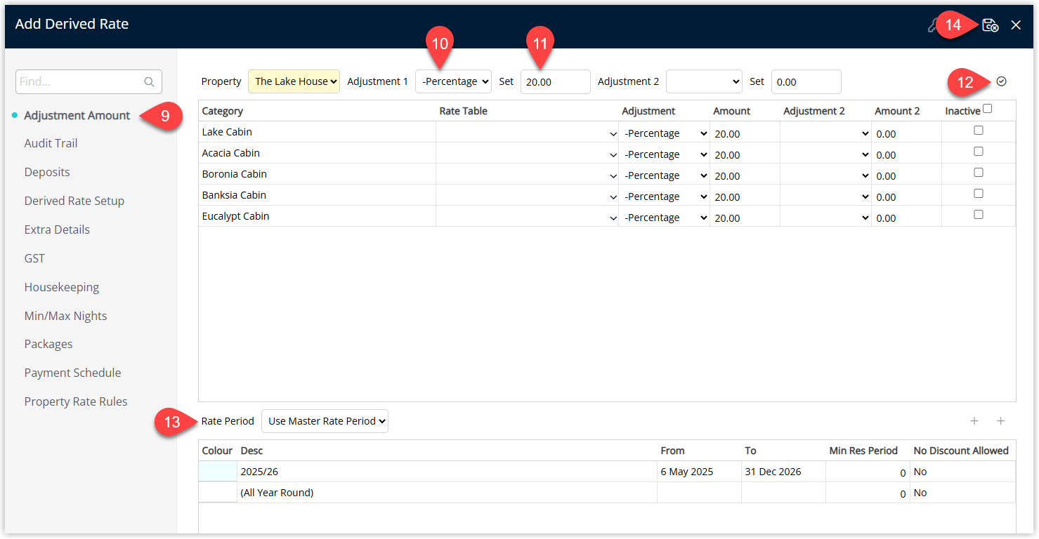 Adjustment Amounts tab for the derived rate displaying the Adjustment Type dropdown Adjustment Amount values per rate period and the Apply To All button before saving and exiting.